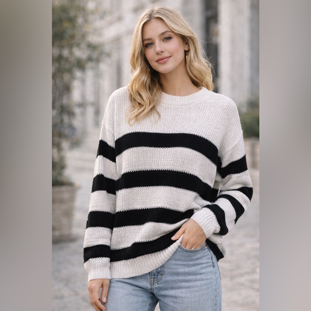 Ardene Black & White Striped Knit Sweater | Medium